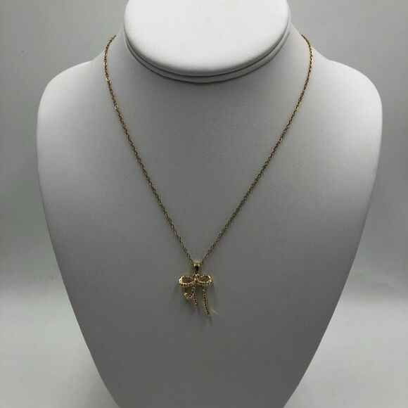 18K Gold Plated Women's Tied Bow Ribbon Shape Necklace Cubic Zirconia Waterproof - Picture 4 of 12